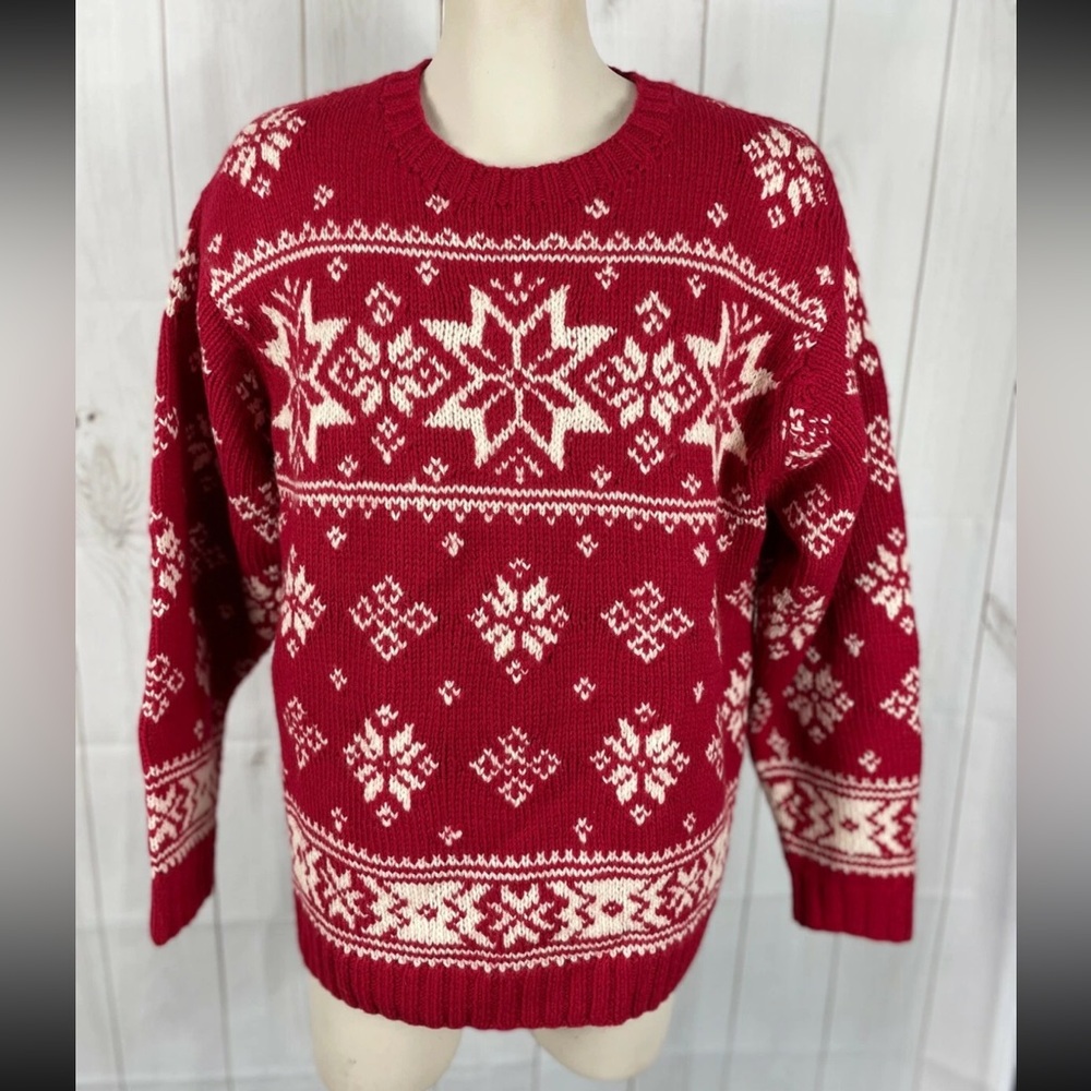 Tommy Hilfiger Red White Faire Isle Wool Crew Neck Pullover Sweater - Size Med